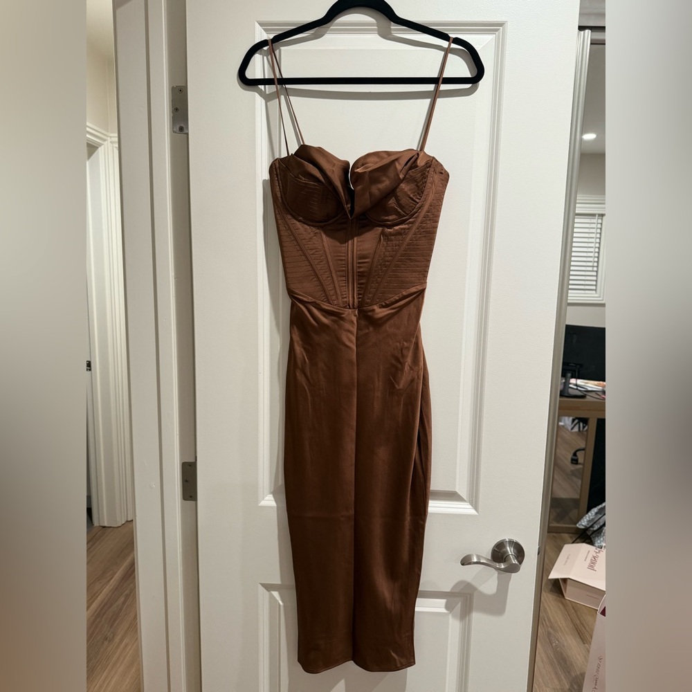 House of CB Myrna Satin Corset Chocolate Brown Slip Dress